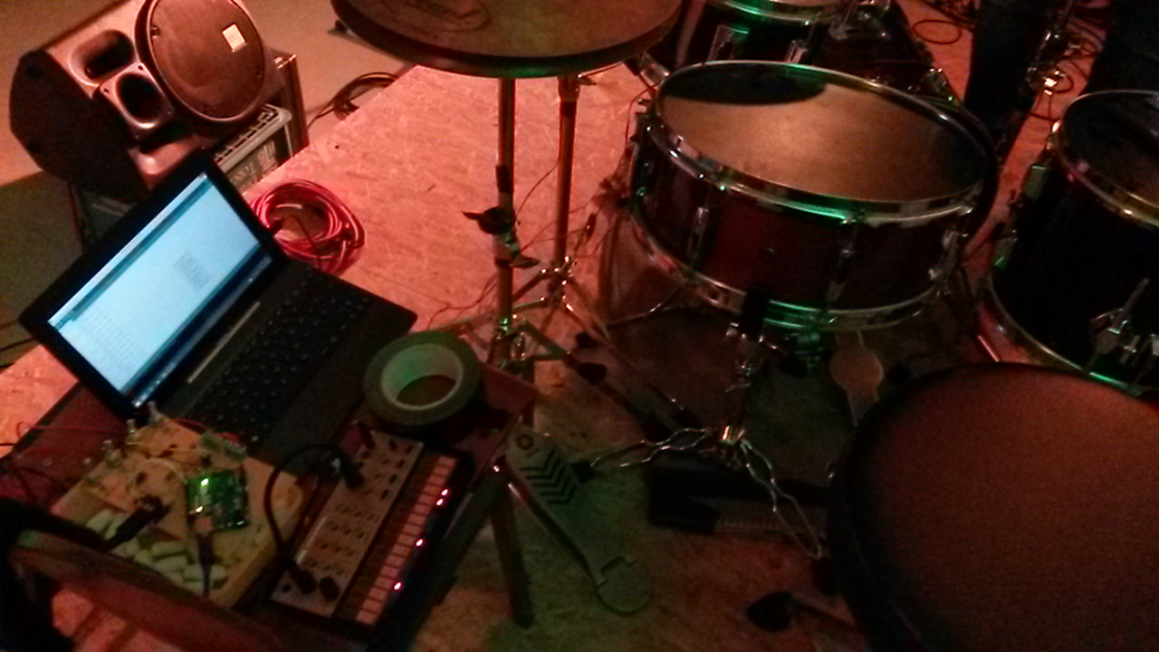 Drum kit with laptop and electronic instruments