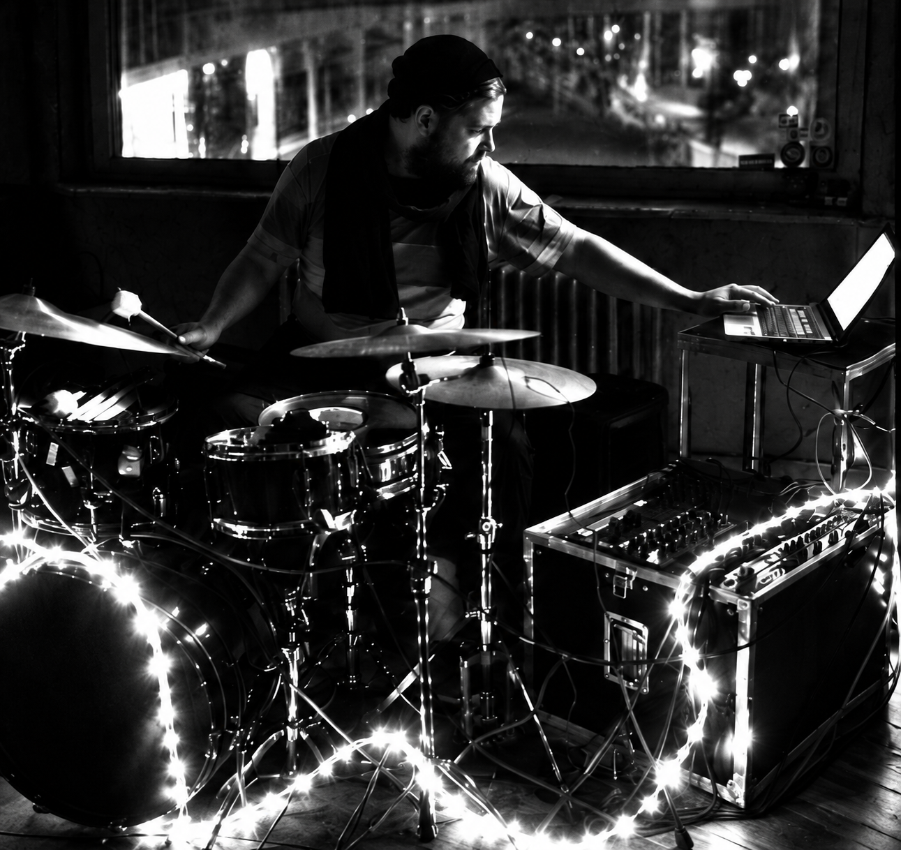 Markus Zink performing with drums, a laptop and string lights