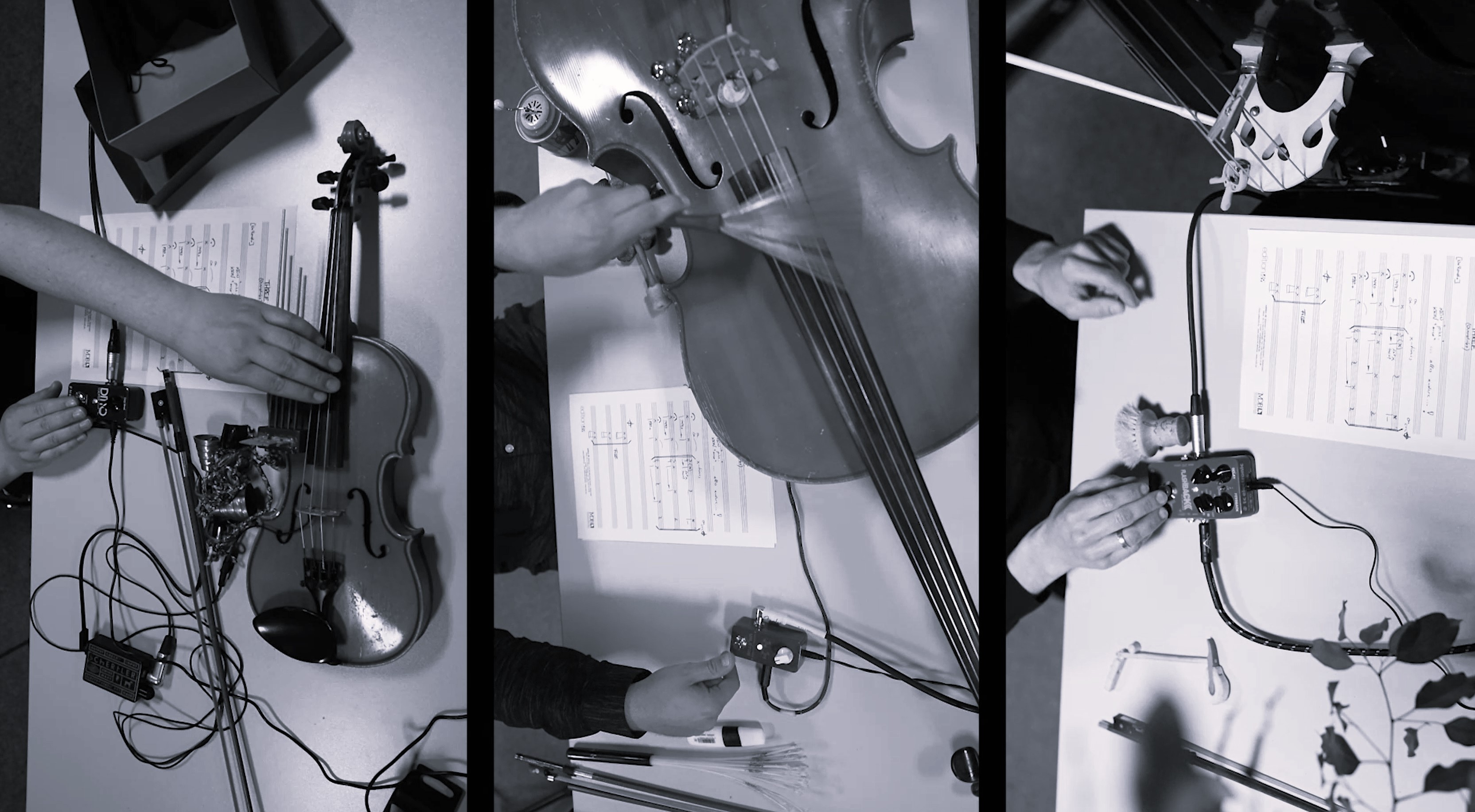 Three black and white views of string instruments and effects pedals in knobs and buttons